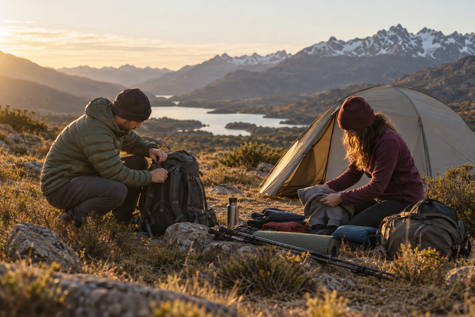 Dos personas revisan su equipo junto a una carpa al atardecer
