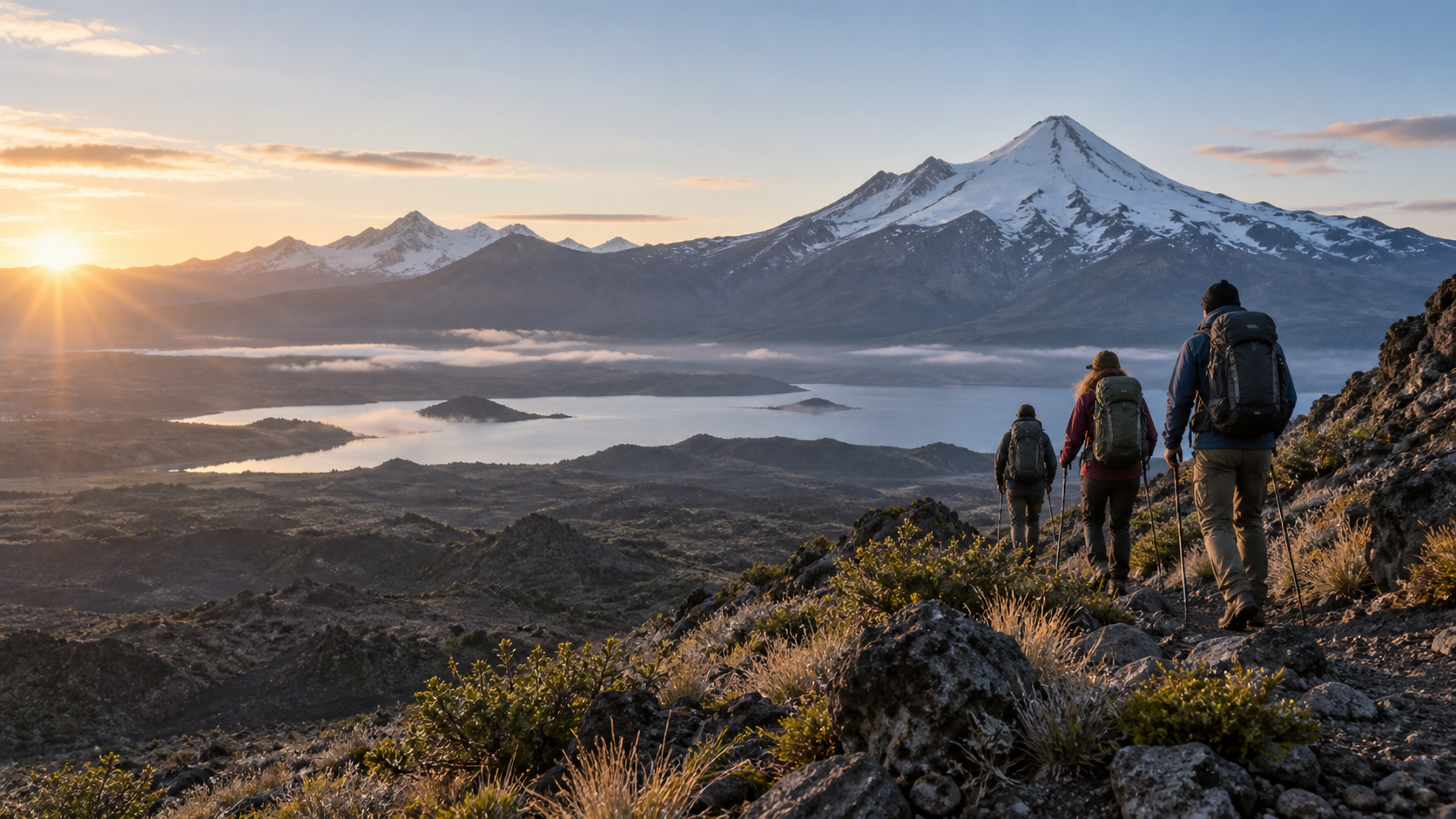 Senderistas recorren un paisaje amplio de montaña al amanecer